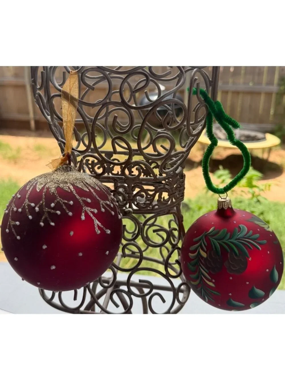 Set 2 Dillard's Glass Hand-Painted Ball Ornaments Holly Leaves & Berries 4